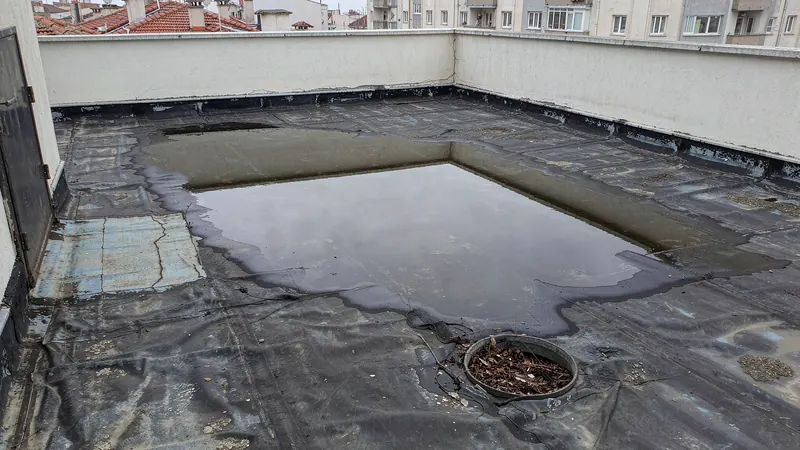 Eski membranlı teras çatıda su birikintisi ve yaprakla tıkanmış gider
